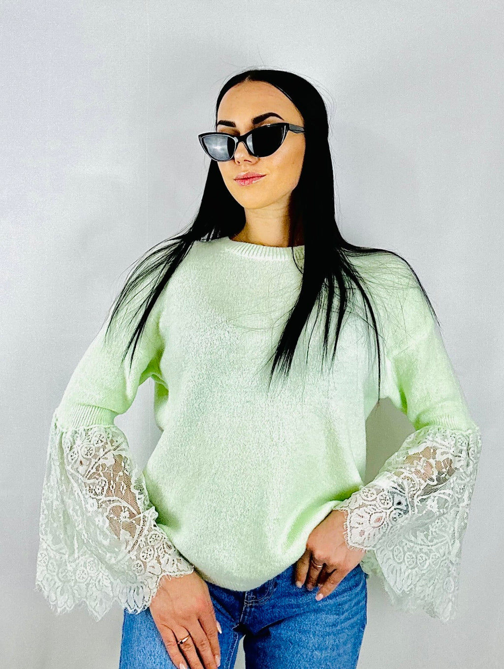 ĻOTI MĪKSTS ALPAKAS DŽEMPERIS AR MEŽĢĪŅU PIEDURKNĒM - MINT